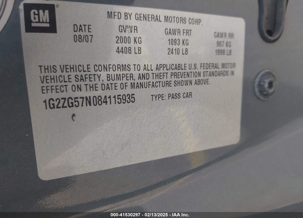 2008 PONTIAC G6 VIN: 1G2ZG57N084115935