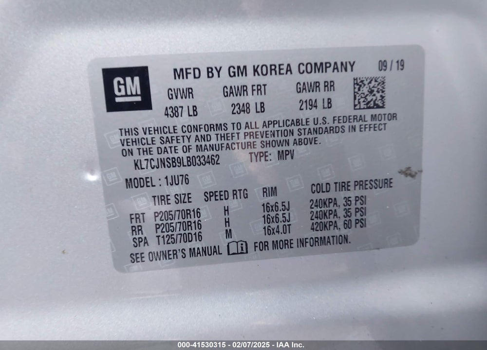 2020 CHEVROLET TRAX VIN: KL7CJNSB9LB033462