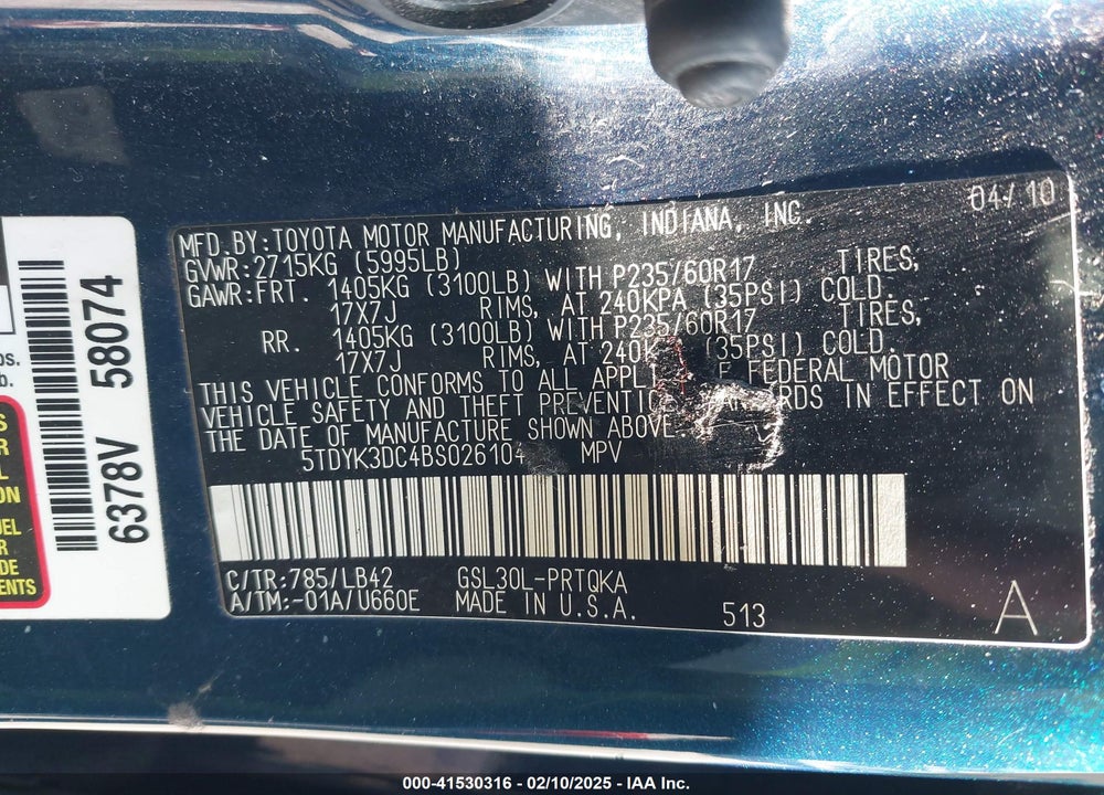 2011 TOYOTA SIENNA XLE V6 VIN: 5TDYK3DC4BS026104