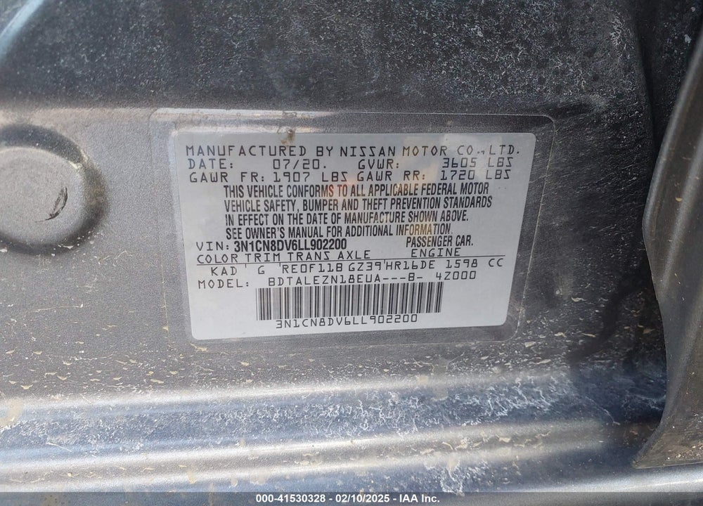 2020 NISSAN VERSA S XTRONIC CVT VIN: 3N1CN8DV6LL902200