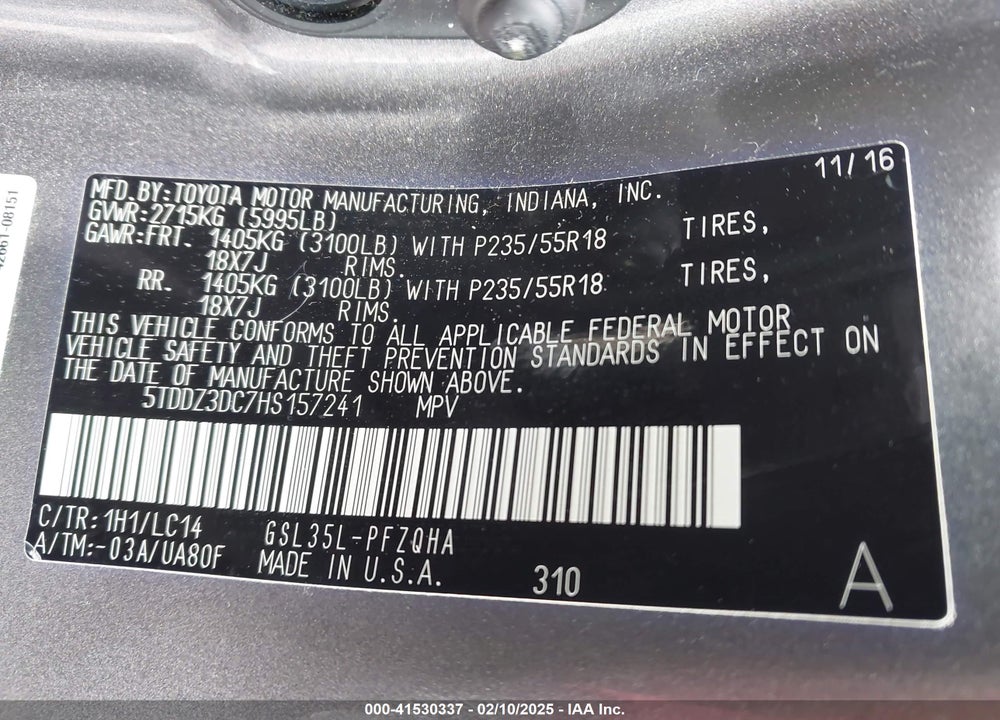 2017 TOYOTA SIENNA VIN: 5TDDZ3DC7HS157241