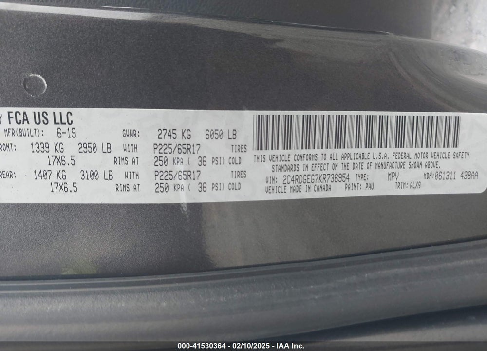 2019 DODGE GRAND CARAVAN GT VIN: 2C4RDGEG7KR736954