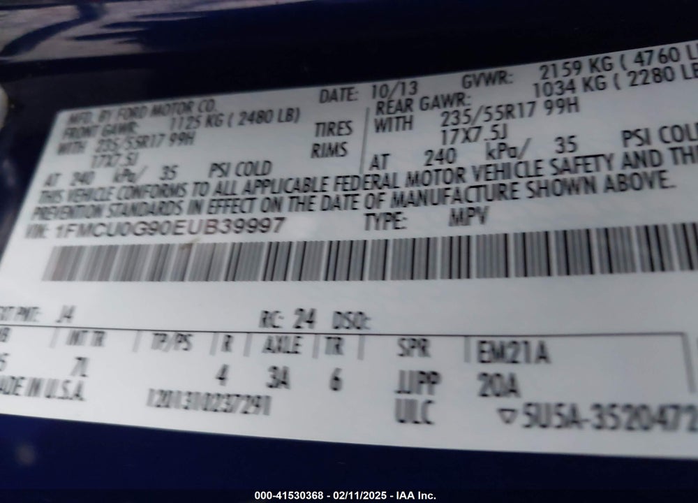 2014 FORD ESCAPE SE VIN: 1FMCU0G90EUB39997
