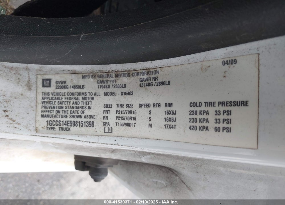 2009 CHEVROLET COLORADO WORK TRUCK VIN: 1GCCS14E598151398