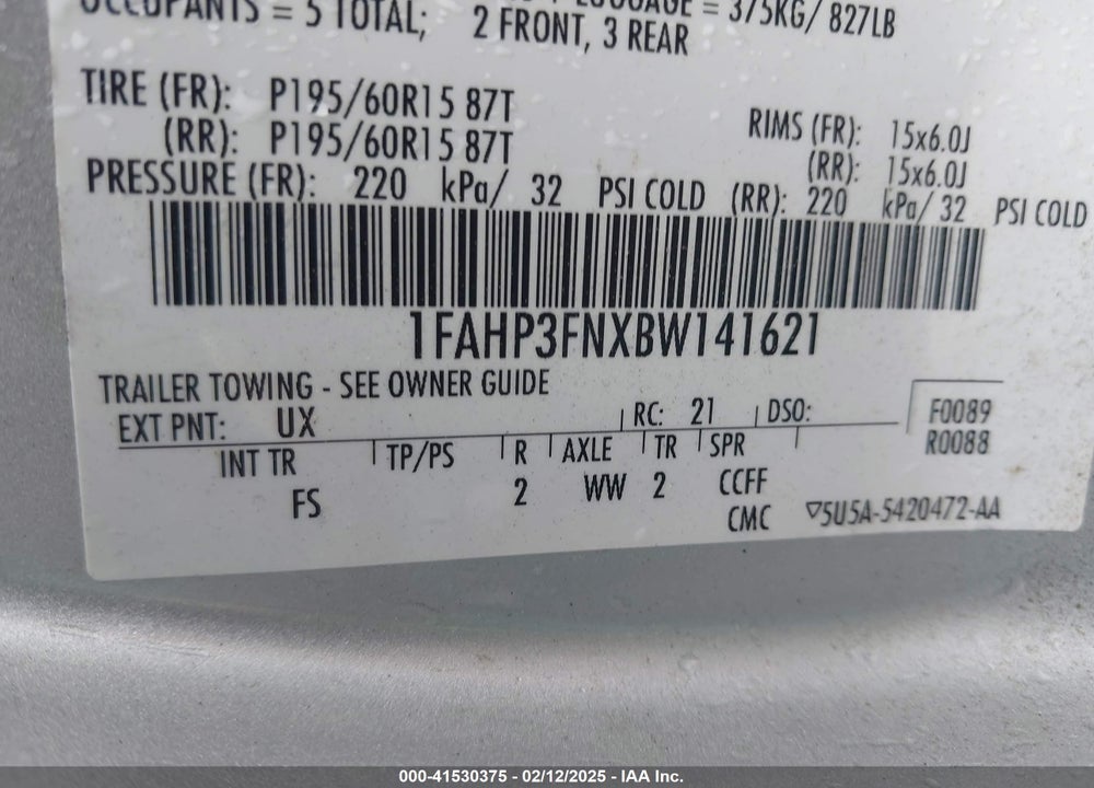 2011 FORD FOCUS VIN: 1FAHP3FNXBW141621