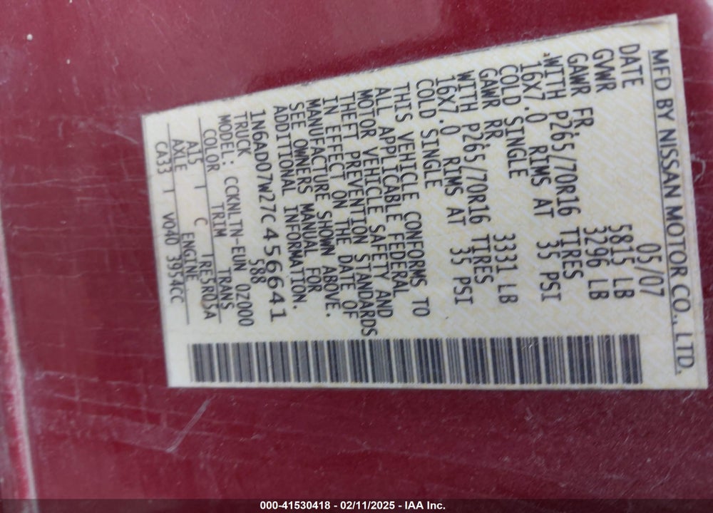 2007 NISSAN FRONTIER VIN: 1N6AD07W27C456641