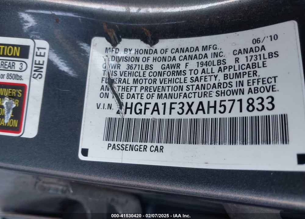 2010 HONDA CIVIC VP VIN: 2HGFA1F3XAH571833