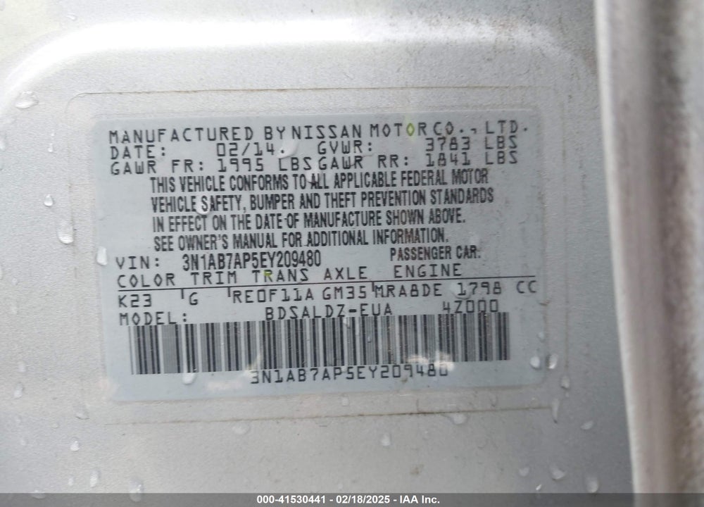 2014 NISSAN SENTRA FE+ S/FE+ SV/S/SL/SR/SV VIN: 3N1AB7AP5EY209480