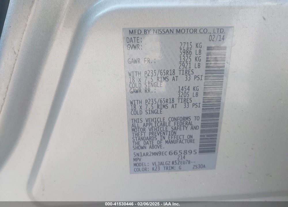 2014 NISSAN PATHFINDER SL VIN: 5N1AR2MN9EC665895