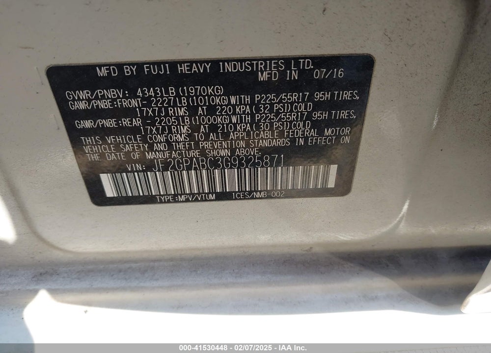 2016 SUBARU CROSSTREK 2.0I PREMIUM VIN: JF2GPABC3G9325871