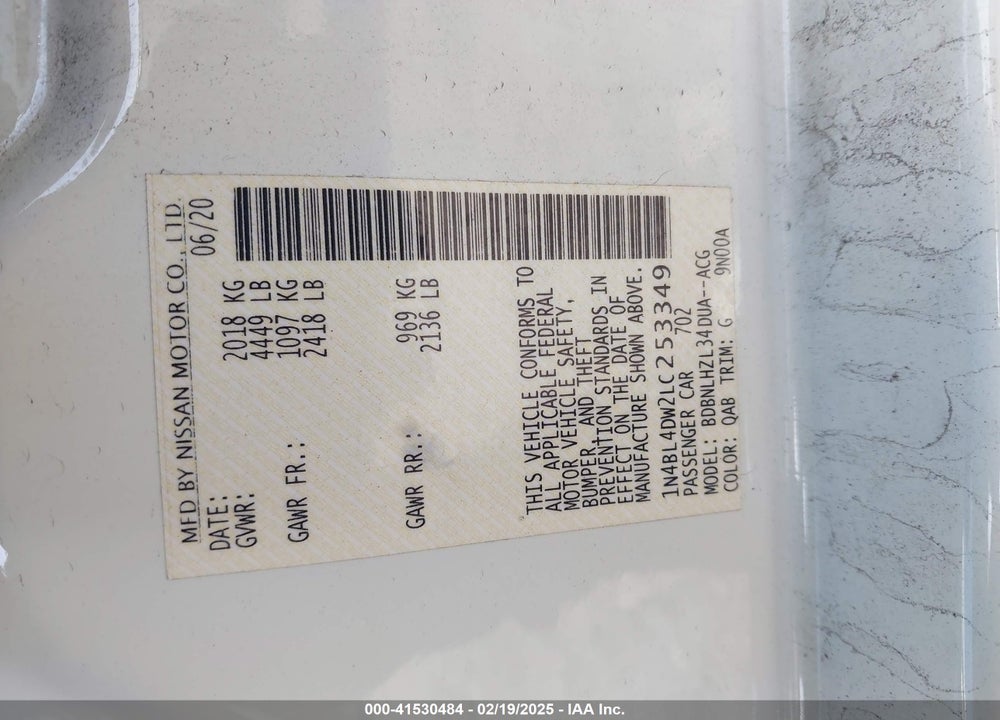 2020 NISSAN ALTIMA VIN: 1N4BL4DW2LC253349