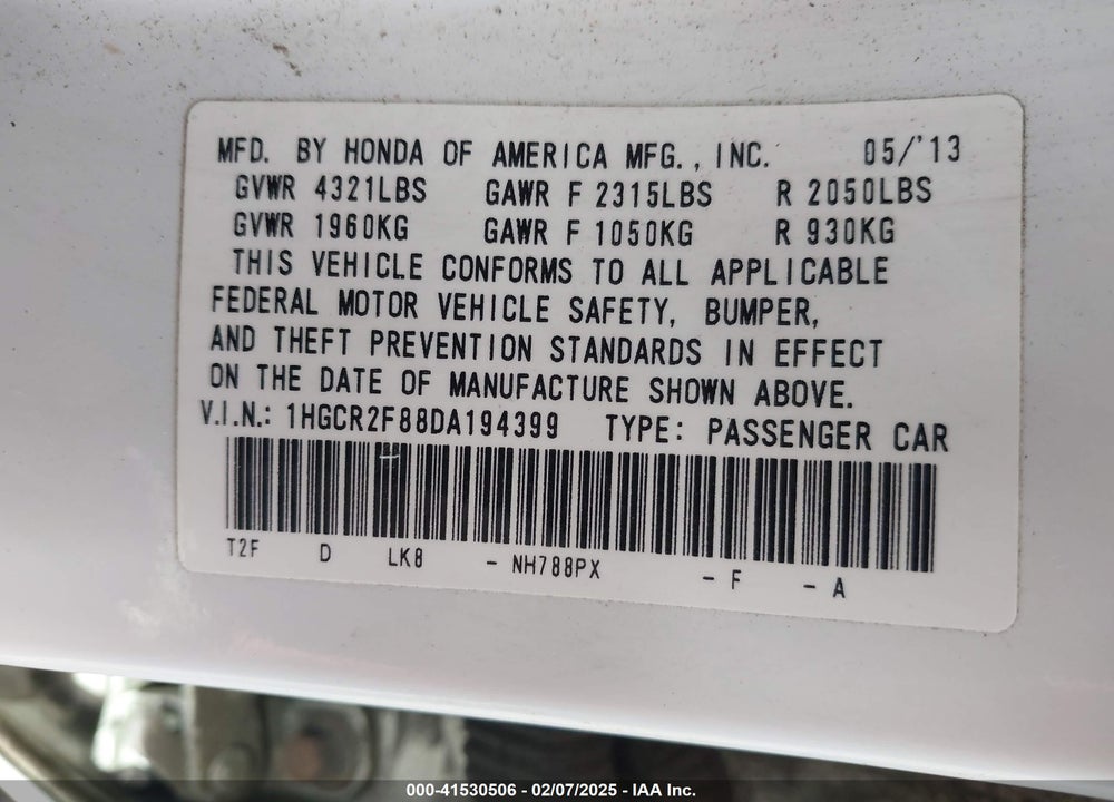 2013 HONDA ACCORD VIN: 1HGCR2F88DA194399