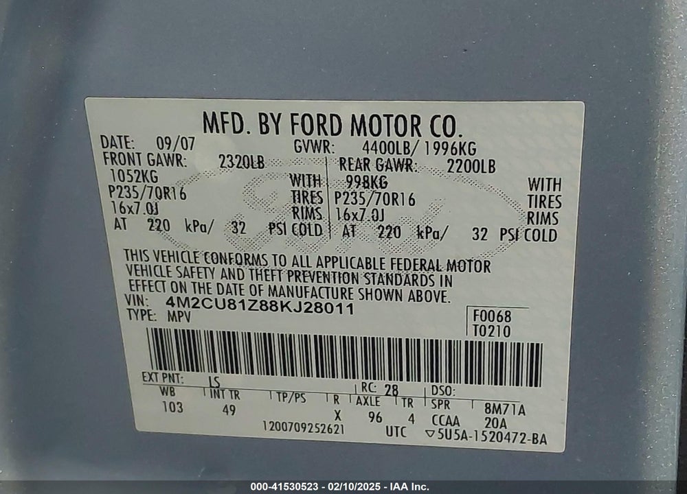 2008 MERCURY MARINER I4 VIN: 4M2CU81Z88KJ28011