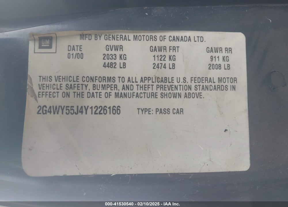 2000 BUICK CENTURY LIMITED VIN: 2G4WY55J4Y1226166
