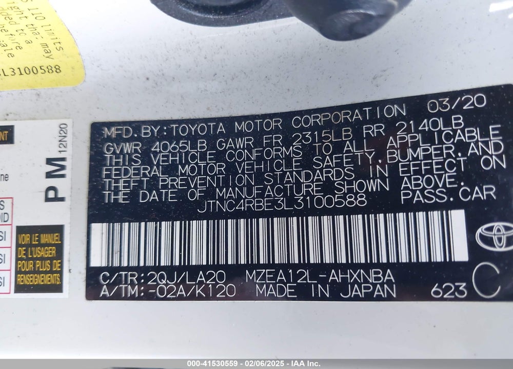 2020 TOYOTA COROLLA VIN: JTNC4RBE3L3100588