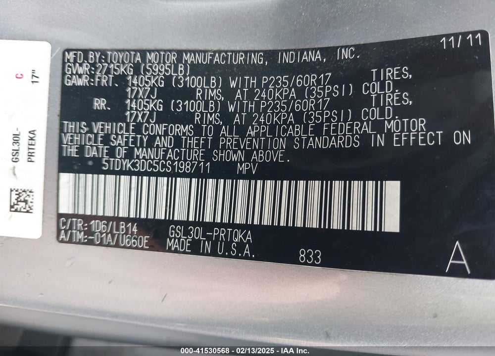 2012 TOYOTA SIENNA XLE LIMITED VIN: 5TDYK3DC5CS198711