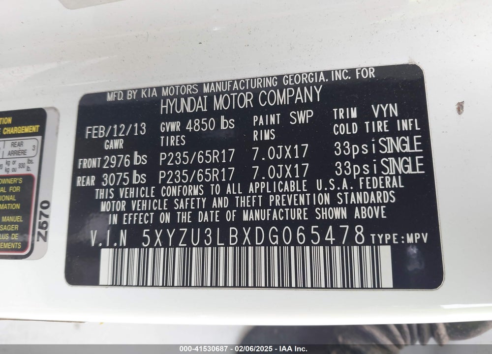 2013 HYUNDAI SANTA FE VIN: 5XYZU3LBXDG065478