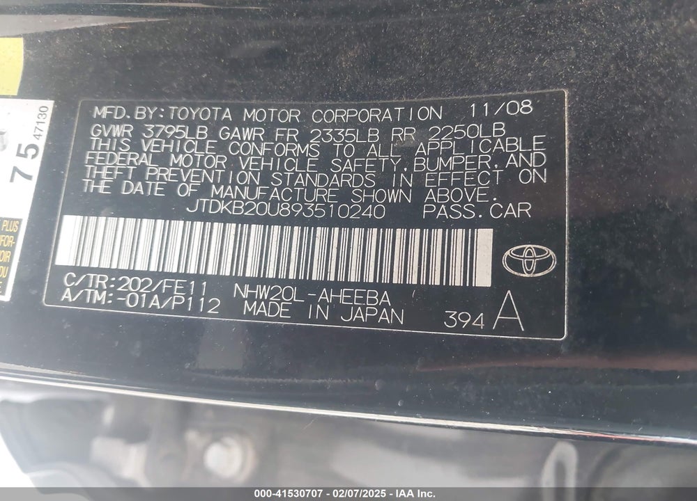 2009 TOYOTA PRIUS VIN: JTDKB20U893510240