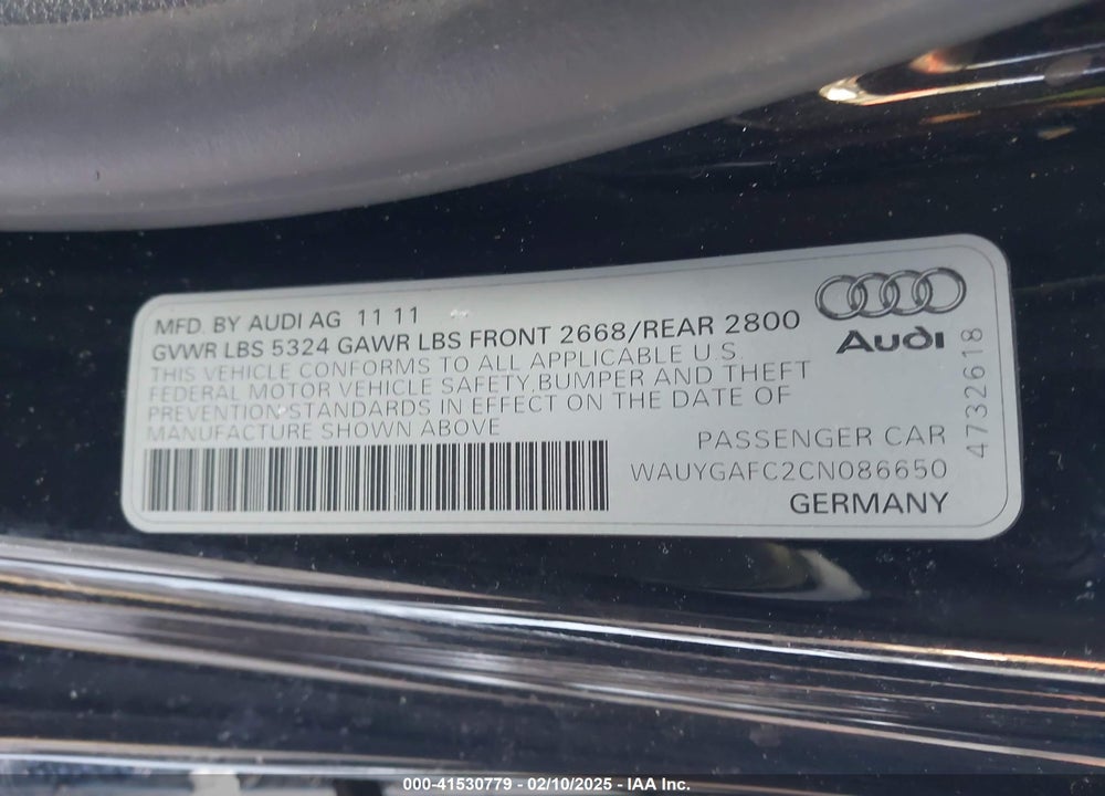 2012 AUDI A7 VIN: WAUYGAFC2CN086650