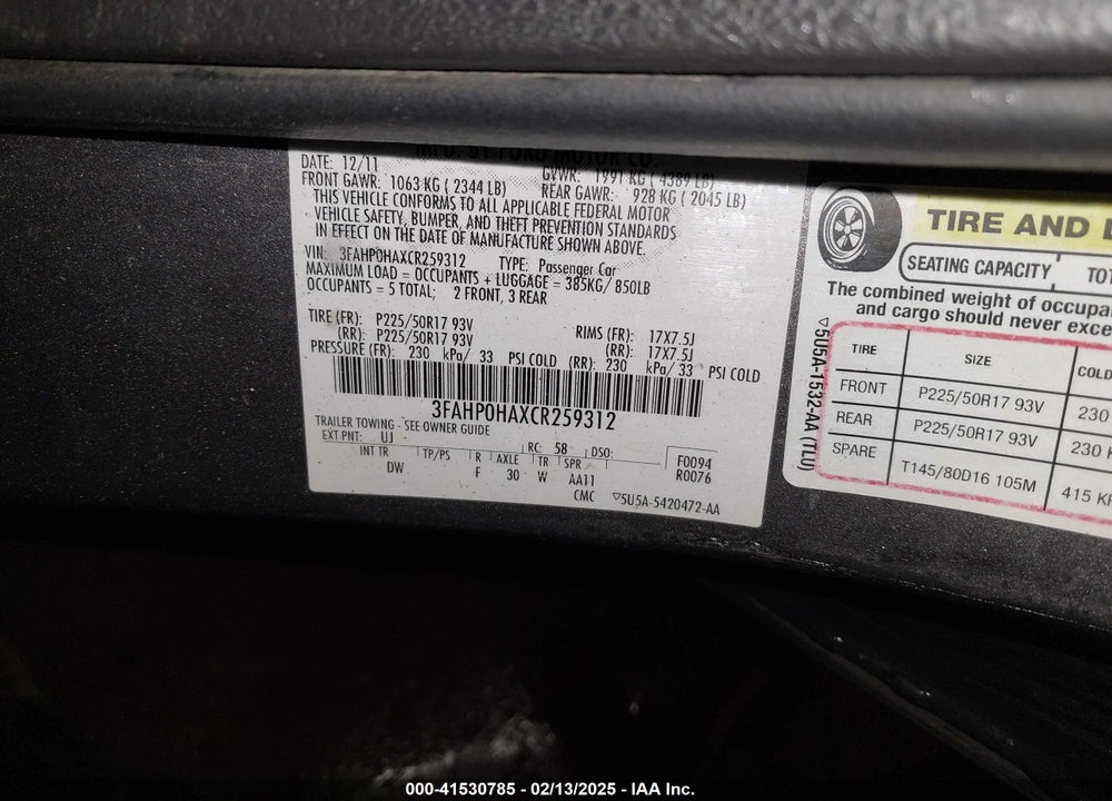 2012 FORD FUSION SE VIN: 3FAHP0HAXCR259312