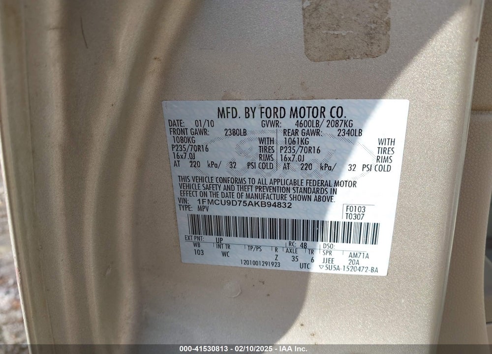 2010 FORD ESCAPE XLT VIN: 1FMCU9D75AKB94832
