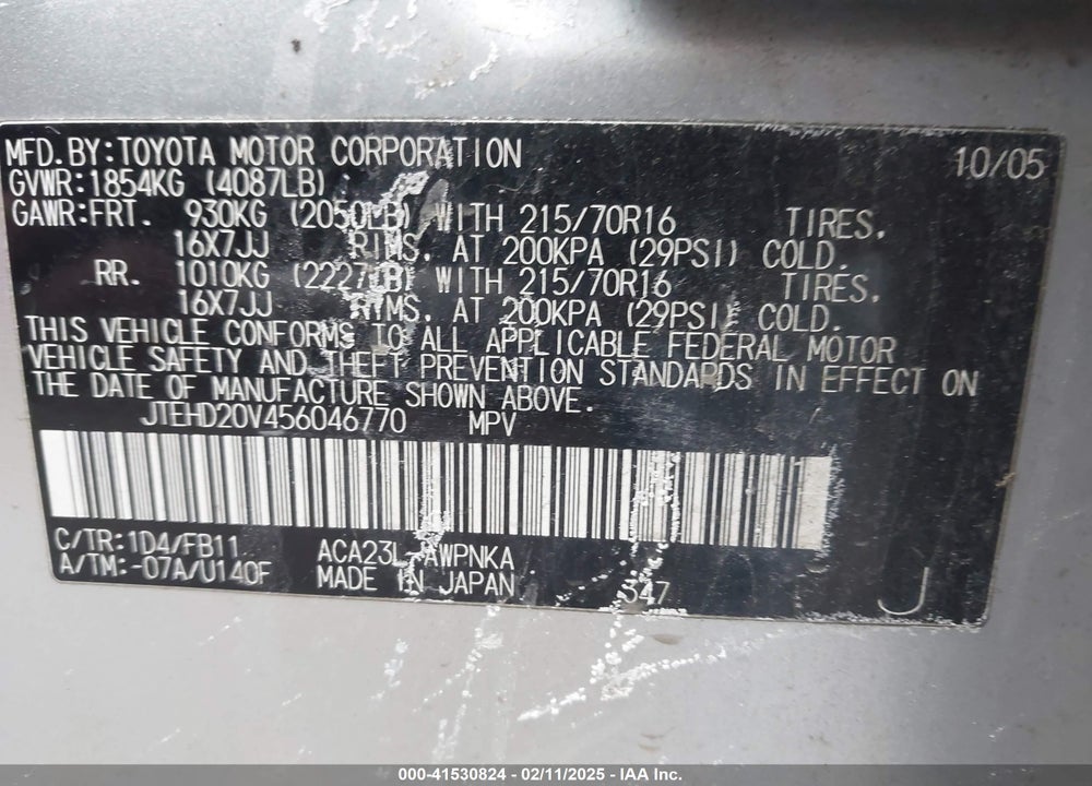 2005 TOYOTA RAV4 VIN: JTEHD20V456046770