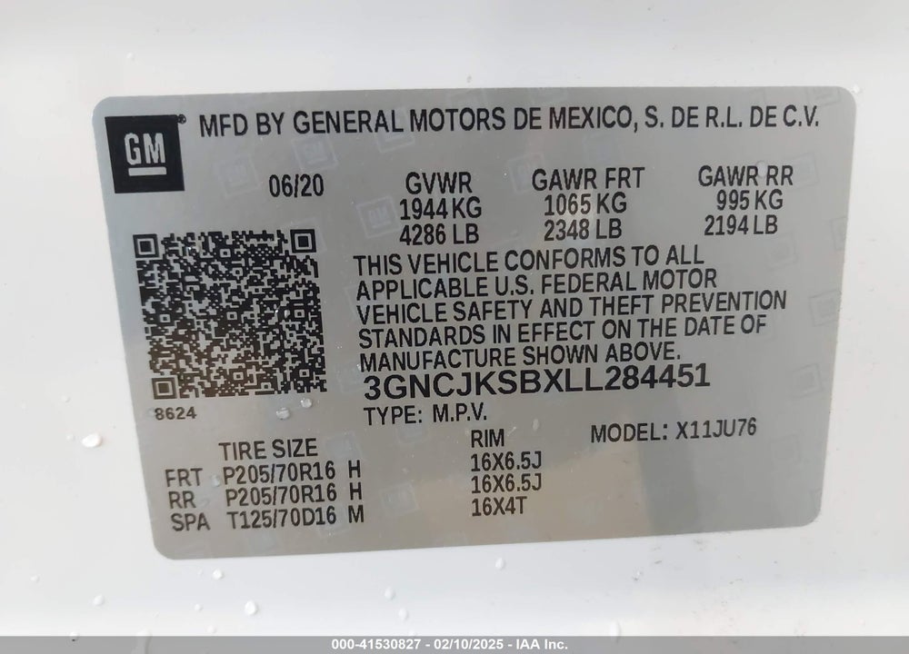 2020 CHEVROLET TRAX VIN: 3GNCJKSBXLL284451