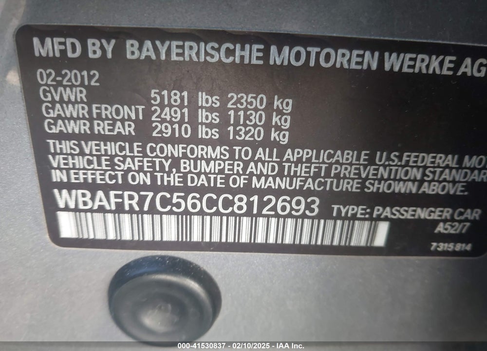2012 BMW 535I VIN: WBAFR7C56CC812693