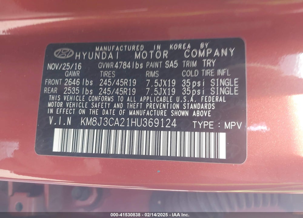 2017 HYUNDAI TUCSON LIMITED VIN: KM8J3CA21HU369124
