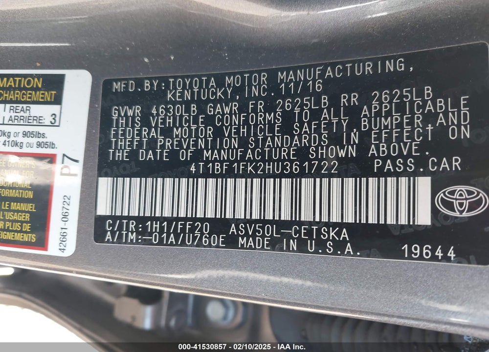 2017 TOYOTA CAMRY SE VIN: 4T1BF1FK2HU361722