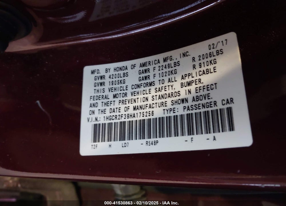 2017 HONDA ACCORD VIN: 1HGCR2F39HA175256