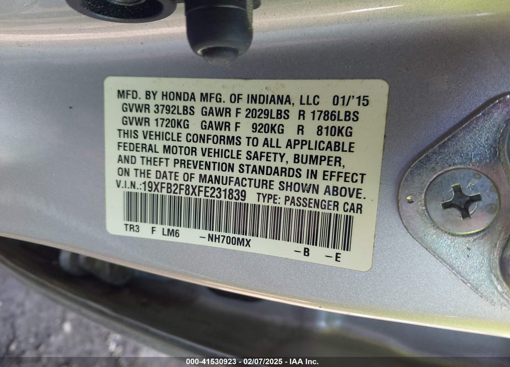 2015 HONDA CIVIC VIN: 19XFB2F8XFE231839