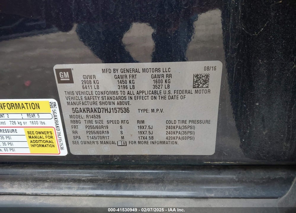 2017 BUICK ENCLAVE CONVENIENCE VIN: 5GAKRAKD7HJ157536