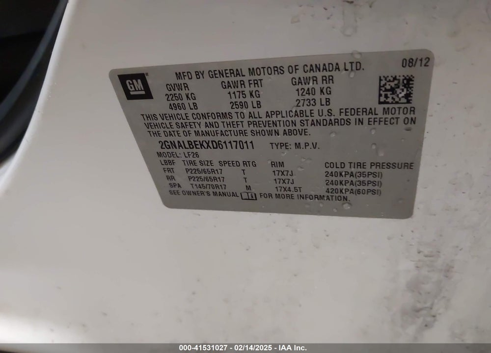 2013 CHEVROLET EQUINOX VIN: 2GNALBEKXD6117011