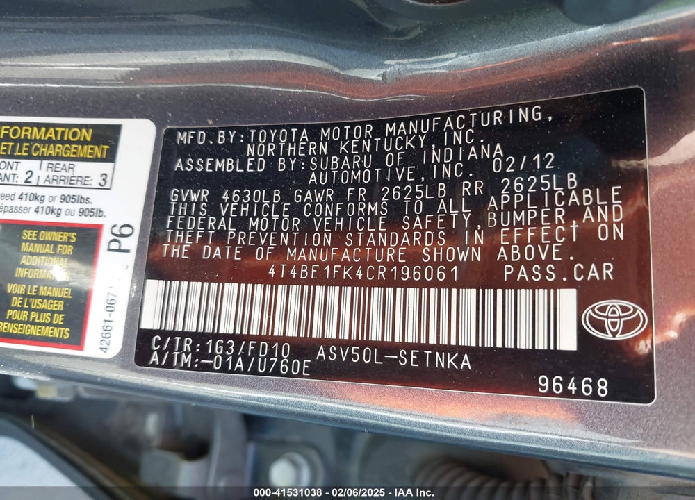 2012 TOYOTA CAMRY VIN: 4T4BF1FK4CR196061