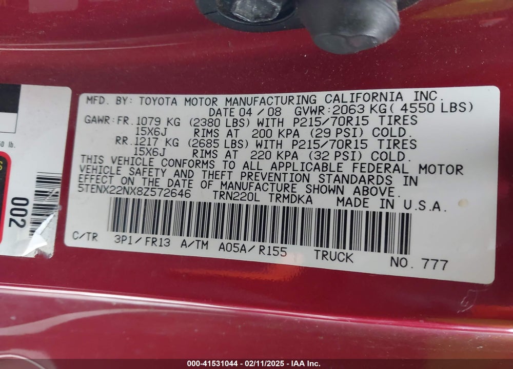 2008 TOYOTA TACOMA VIN: 5TENX22NX8Z572646