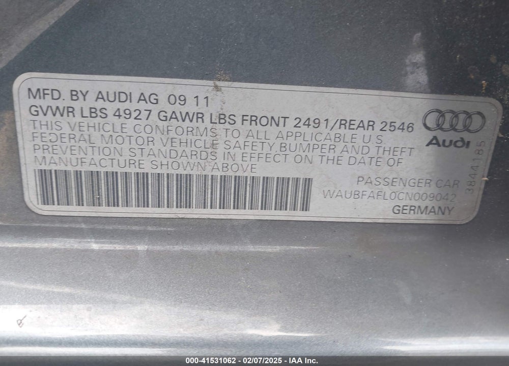 2012 AUDI A4 2.0T PREMIUM VIN: WAUBFAFL0CN009042