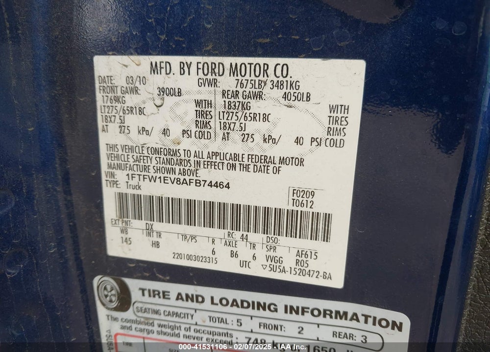 2010 FORD F-150 FX4/HARLEY-DAVIDSON/KING RANCH/LARIAT/PLATINUM/XL/XLT VIN: 1FTFW1EV8AFB74464