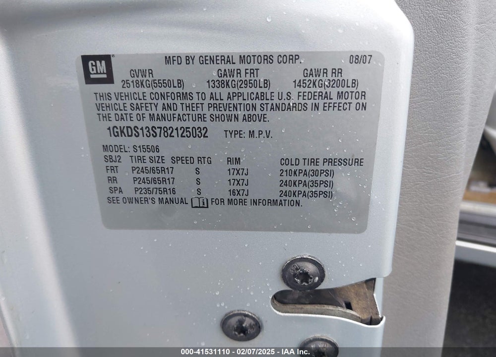 2008 GMC ENVOY SLE VIN: 1GKDS13S782125032
