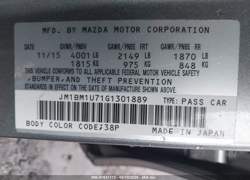 2016 MAZDA MAZDA3 VIN: JM1BM1U71G1301889