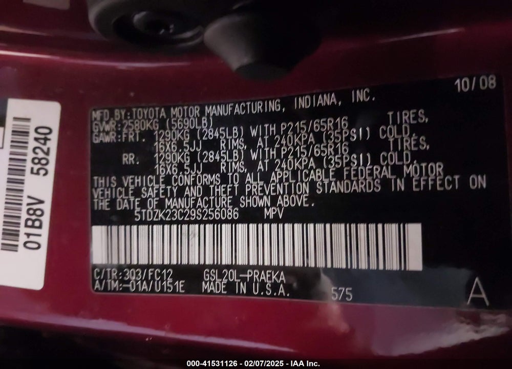 2009 TOYOTA SIENNA LE VIN: 5TDZK23C29S256086