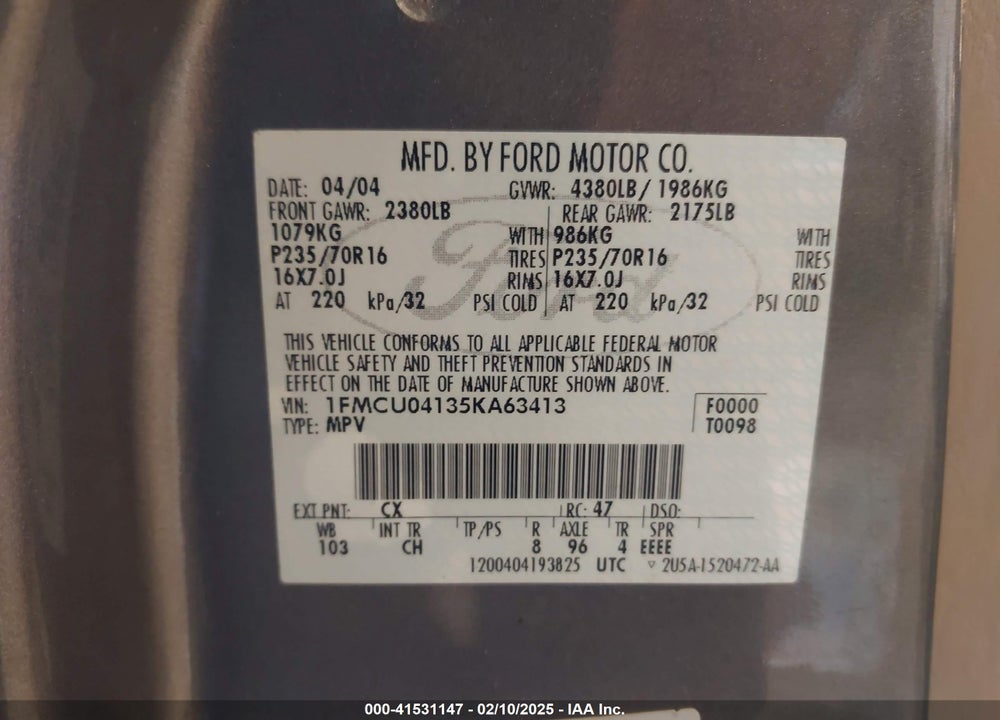 2005 FORD ESCAPE LIMITED VIN: 1FMCU04135KA63413