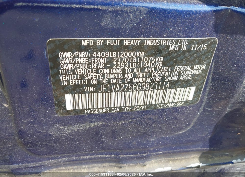 2016 SUBARU WRX STI VIN: JF1VA2Z66G9823114