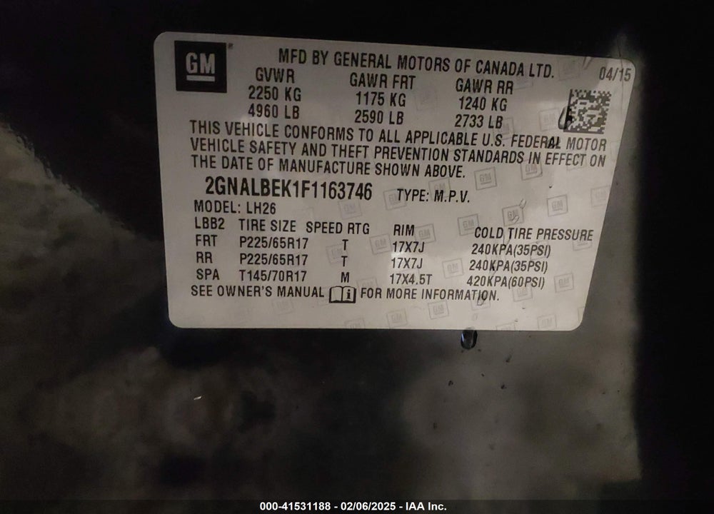 2015 CHEVROLET EQUINOX 1LT VIN: 2GNALBEK1F1163746