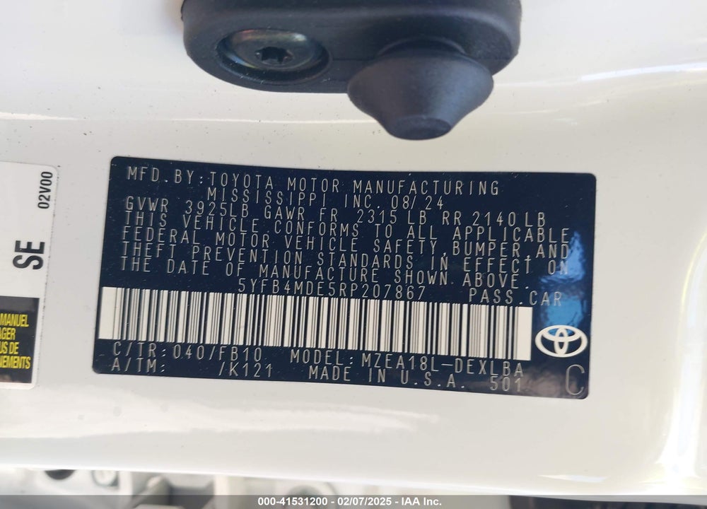 2024 TOYOTA COROLLA VIN: 5YFB4MDE5RP207867