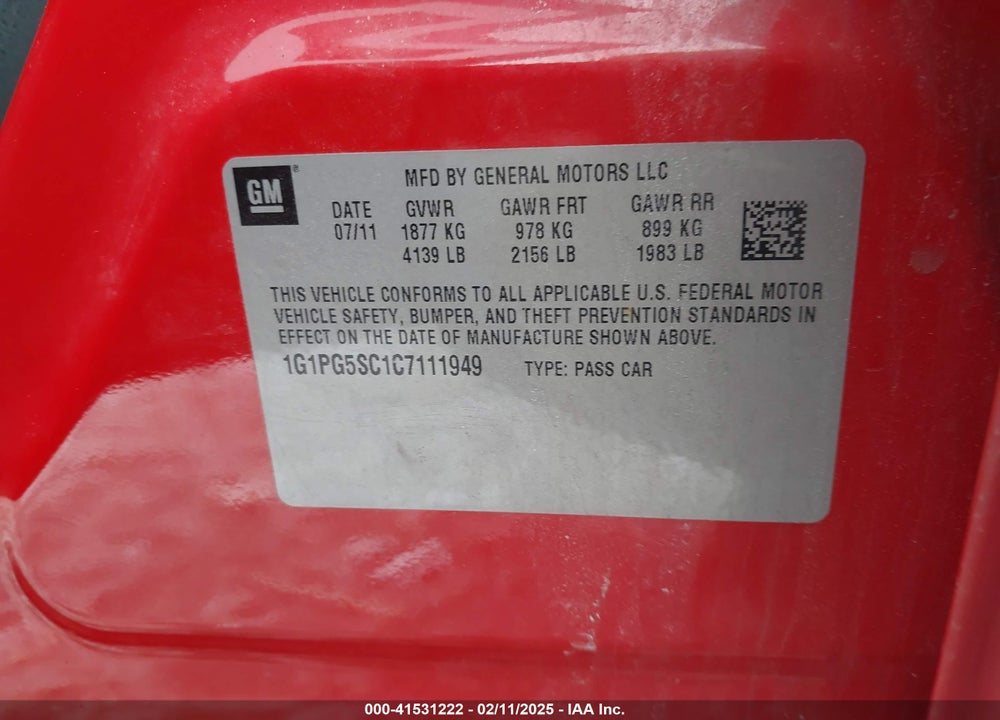 2012 CHEVROLET CRUZE 2LT VIN: 1G1PG5SC1C7111949
