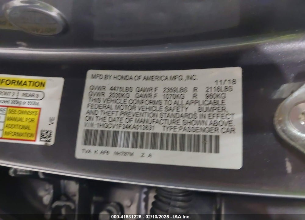 2019 HONDA ACCORD VIN: 1HGCV1F34KA013631