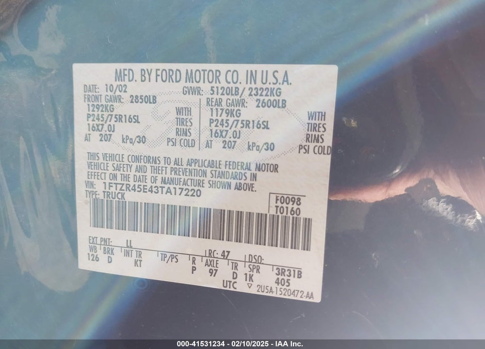 2003 FORD RANGER EDGE/XLT VIN: 1FTZR45E43TA17220