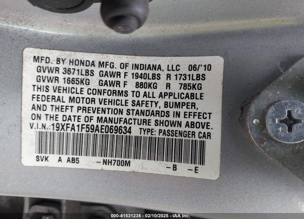 2010 HONDA CIVIC LX VIN: 19XFA1F59AE069634