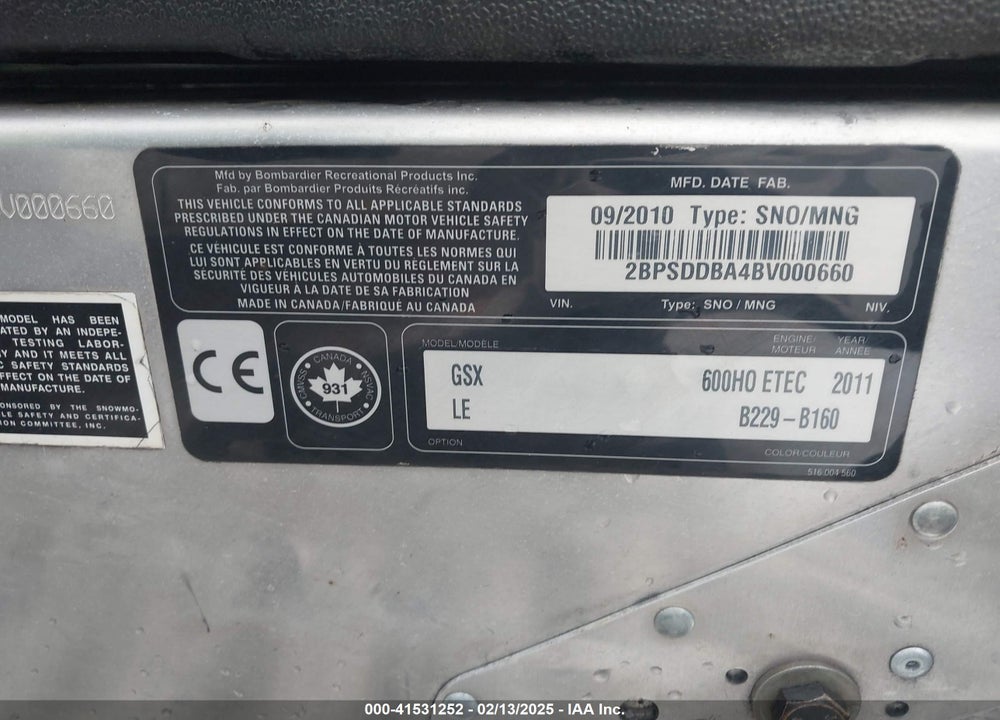 2011 SKIDOO GSX LE 600 VIN: 2BPSDDPA413V00066